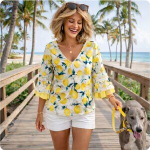 Unique Lemon Print Blouse with Contrasting Trim